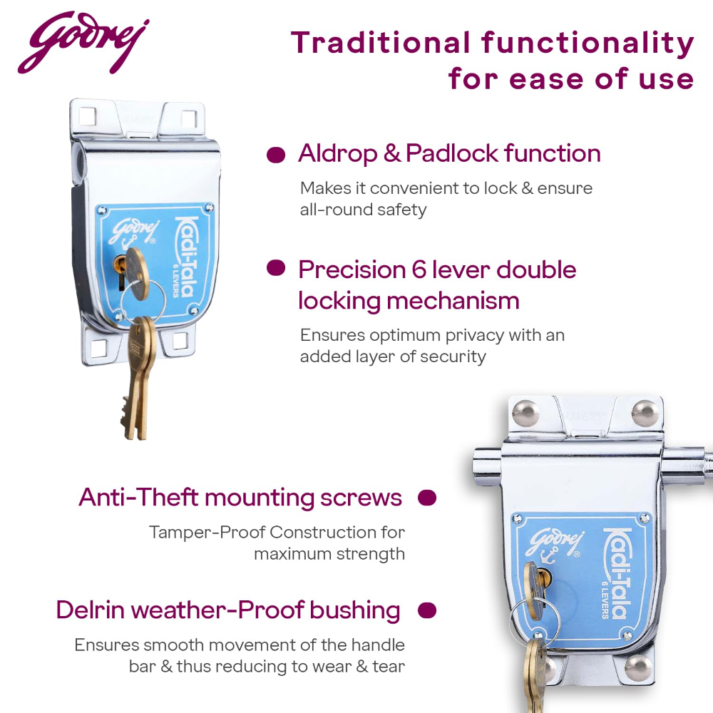 Godrej Locks I Kadi-Tala 6 Lever 200 mm I 2 keys I for Double Door, Fitting outside of door pannel I Alloy steel body double Locking Mechanism for main door I Silver Finish
